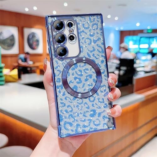 Yhsvie Magnetisch Handyhülle für Samsung Galaxy S23 Ultra Hülle Leopard Glitzer Transparent Schutzhülle Dünn Weiche TPU Silikon Case Stoßfest Kratzfest Cover für Samsung S23 Ultra-Blau von Yhsvie