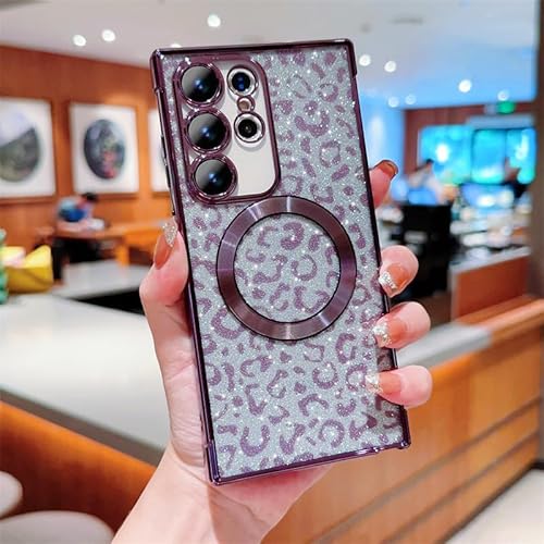 Yhsvie Magnetisch Handyhülle für Samsung Galaxy S24 Ultra Hülle Leopard Glitzer Transparent Schutzhülle Dünn Weiche TPU Silikon Case Stoßfest Kratzfest Cover für Samsung S24 Ultra-Lila von Yhsvie