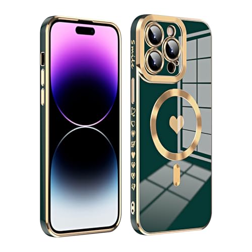 Yhsvie Magnetisch Handyhülle für iPhone 14 Pro Max Hülle mit Gold Liebesherz Damen Mädchen Weiche Silikon Schutzhülle Slim Kratzfeste Case TPU Stoßfest Bumper Cover für iPhone 14 Pro Max-Grün von Yhsvie