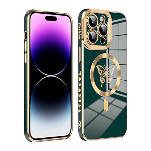 Yhsvie Magnetisch Handyhülle für iPhone 15 Hülle, Schmetterling Silikon Schutzhülle iPhone 15 Slim Kratzfeste Case Weiche TPU Stoßfest Bumper Cover für Damen Mädchen -Grün von Yhsvie