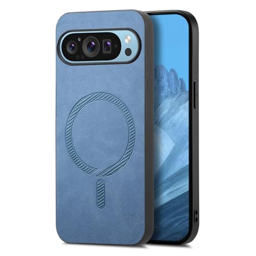 Yhsvie Magnetisch Hülle Google Pixel 8A Handyhülle Kompatibel mit MagSafe, Premium PU Lederhülle Pixel 8A Kratzfest Slim Case Cover Stoßfest Weiche TPU Schutzhülle mit Kameraschutz,Blau von Yhsvie