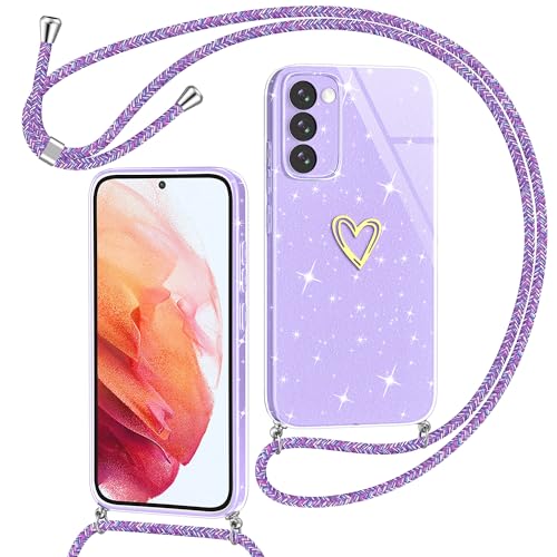 Yichxu Handykette für Samsung Galaxy S21 Hülle mit Band, Glitzer Herz Silikon Handyhülle Kordel zum Umhängen, Schutzhülle mit Kette TPU Gel Stoßfest Necklace Handy Hülle für Samsung S21 5G, Lila von Yichxu