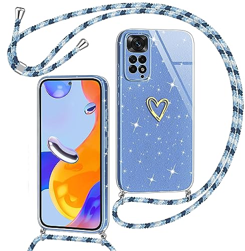 Yichxu Handykette für Xiaomi Redmi Note 11 Pro 5G/ 4G Hülle mit Band, Glitzer Herz Silikon Handyhülle Kordel zum Umhängen, Schutzhülle mit Kette TPU Stoßfest Handy Necklace Hülle, Blau von Yichxu