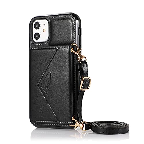 Yidai-Silu iPhone 16 Wallet Case 【Stand Funktion, Kartenfach, Umhängetasche】 Kustleder Handyhülle PU Leder Etui Geldbörse Flip Cover Geldbeutel Hülle für iPhone 16 6,1" - Schwarz von Yidai-Silu