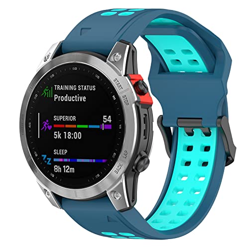 Yikamosi Kompatibel mit Garmin Fenix 7 Armband,22MM Dual Color Schnellverschluss Weiches Silikon rostfreiem Metallverschluss Ersatzbänder Kompatibel für Garmin Fenix 7/6/5,Blau/Minze von Yikamosi