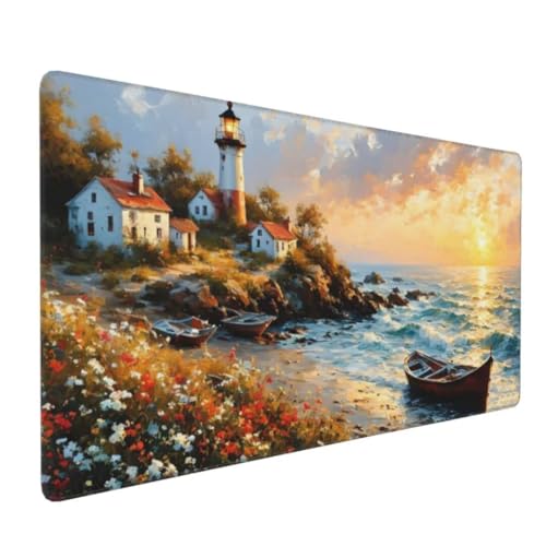 Mauspad XXL 1600x800mm, Groß Gaming Mauspad Sonnenuntergang Mouse Pad Leuchtturm Design Vernähte Kanten, Anti Rutsch Mousepad, Verbessert Präzision und Geschwindigkeit Desk Mat,Gaming Zubehör G4-401 von Yingeen