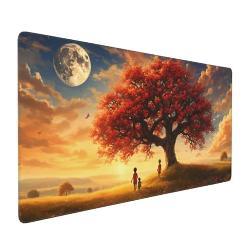 Mauspad XXL 800x300mm, Groß Gaming Mauspad Mond Mouse Pad Baum Design Vernähte Kanten, Wasserdicht Anti Rutsch Mousepad, Verbessert Präzision/Geschwindigkeit Desk Mat,Gaming Zubehör, für Office G4-41 von Yingeen