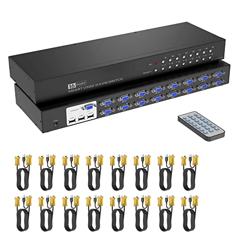 16 Port KVM Switch VGA, Yinker Rack KVM Konsole VGA 16x1 mit 16-Pack Kabel IR Fernbedienung & Ohren Unterstützung HD 1080P 1U Rack Cabinet von Yinker