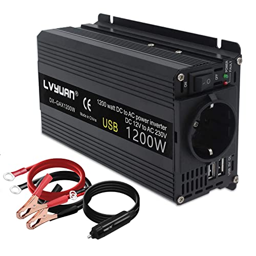 Wechselrichter 12V 230V 600W/1200W Spannungswandler DC 12V auf AC 230V Stoßkraft KFZ Inverter mit EU-Steckdose und 2 USB Anschlüsse inklusive Kfz Zigarettenanzünder Stecker Autobatterieclips von Yinleader