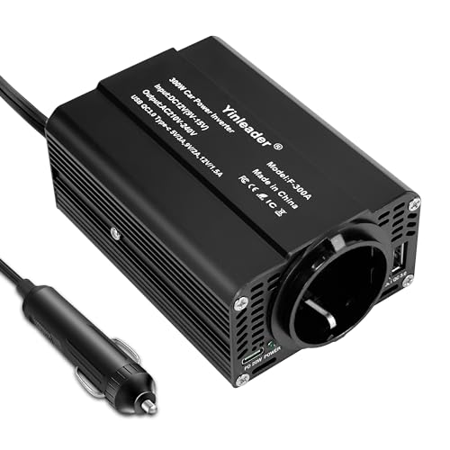 Yinleader Wechselrichter 300W 12V zu 230V Spannungswandler Kfz-Zigarettenanzünder-Adapter Euro-Steckdosen Type-C mit QC 3.0 USB-Schwarz von Yinleader