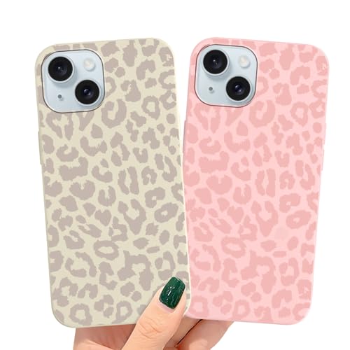 Yirlbey 2 Stück HandyHülle für iPhone 15 Hülle, Aesthetic Rosa Braun Leopard Muster Design Mädchen Junge Geschenk Schutzhülle, Weich Silikon Case Stoßfest Kratzfest Cover für iPhone15 6,1",Vache von Yirlbey