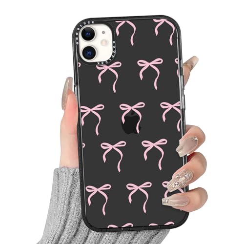 Yirlbey Transparent Handyhülle für iPhone 11 Hülle, Aesthetic Rosa Schleifen Muster Bunt Design Mädchen Geschenk Schutzhülle, Silikon TPU Harter PC-Rückseite Case Cover für iPhone11 6,1",Schwarz von Yirlbey