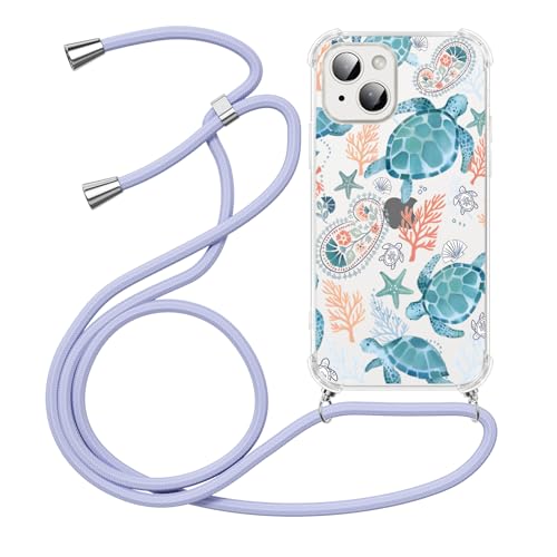 Yirlbey iPhone 15 6,1 Zoll Hülle Durchsichtig mit Band, Handyhülle zum Umhängen Handykette mit Meeresschildkröten Motiv Cute Muster, Stoßfest Ultra Dünn PC Transparent Clear Case Schnur Schutzhülle von Yirlbey