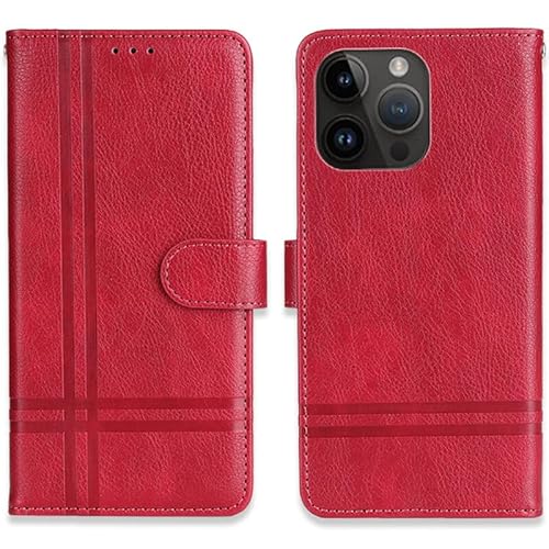 Entworfen für iPhone 15 Pro Hülle | Vintage PU Leder Wallet Case | Flip Phone Cover mit Kartenhalter TPU Innen Kickstand Case | Rot von Yiscase