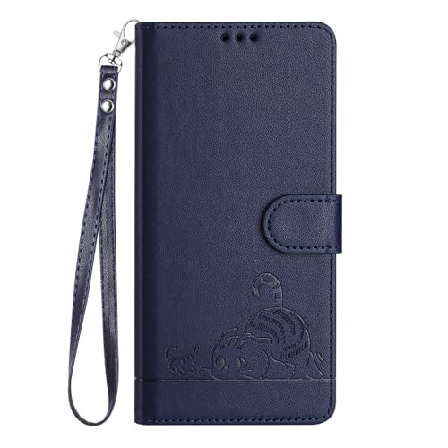 Klapphülle für Samsung Galaxy A25 5G, Motiv: Katze fängt Maus, geprägtes PU-Leder, Brieftaschen-Hülle, Kartenfächer, Standfunktion, Handschlaufe, Blau von Yiscase