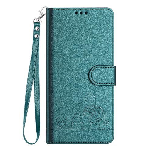 Klapphülle für Samsung Galaxy A25 5G, Motiv: Katze fängt Maus, geprägtes PU-Leder, Brieftaschen-Hülle, Kartenfächer, Standfunktion, Handschlaufe, Grün von Yiscase