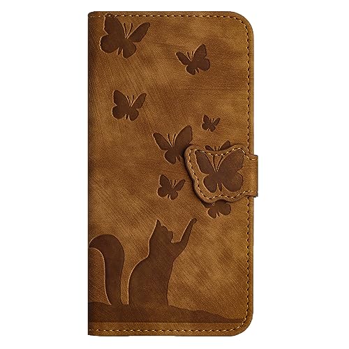 Kompatibel mit iPhone X/XS Wallet Case mit Kartenhalter | 3D bemalte Katze Schmetterling PU Leder Flip Case | Magnetverschluss Stoßfest TPU Schale Kickstand Cover | Braun von Yiscase