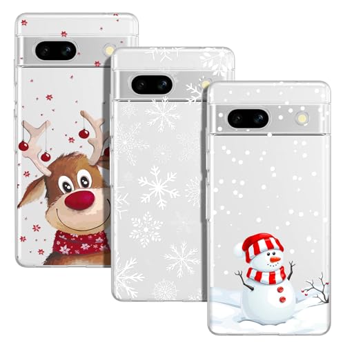 Yiscase 3 Stück Xmas Handyhülle Kompatibel mit Google Pixel 7 Hülle Weihnachten Transparent Handyhülle Ultra Dünn Silikonhülle TPU Bumper Cover - Elch, Schneeflocke, Schneemann von Yiscase