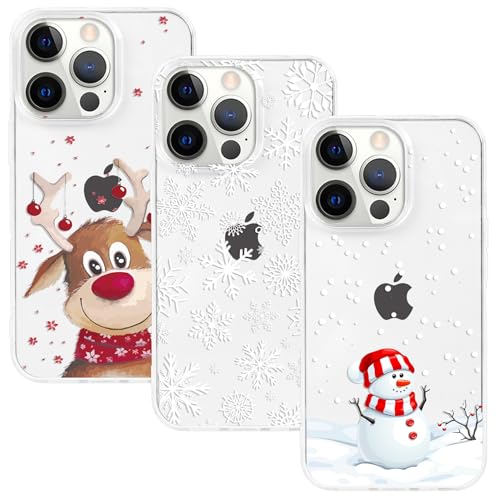 Yiscase 3 Stück Xmas Handyhülle Kompatibel mit iPhone 14 Pro Hülle Weihnachten Transparent Handyhülle Ultra Dünn Silikonhülle TPU Bumper Cover - Elch, Schneeflocke, Schneemann von Yiscase