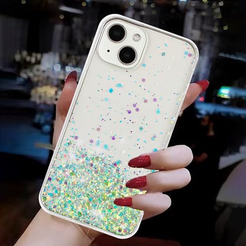 Yiscase Leuchtende Hülle Entworfen für iPhone 13, Bling Soarkly Weiche TPU Bumper Hard Cover, Klar Glitzer Hülle für Frauen Mädchen Transparent Schutzhülle Handyhülle Leuchtend Grün von Yiscase