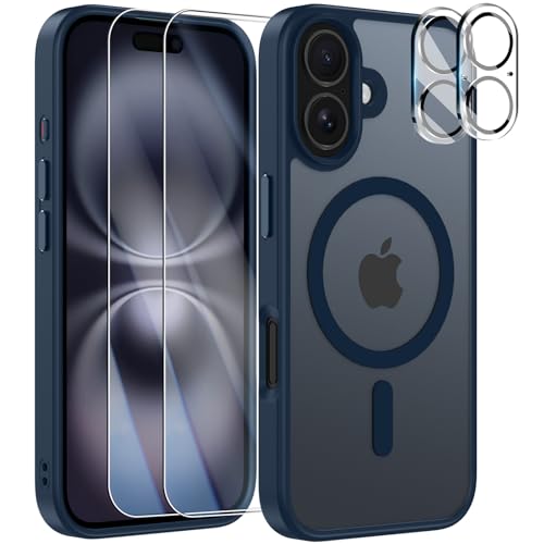 YisrLery 5-in-1 Kompatibel mit iPhone 16 Hülle für Mag Safe mit 2 Stück Panzerfolie und 2 Stück Kameraschutz Militärnorm Schutz, PC Kratzresistente Rückseite Magnetische Hülle 6.1- Dark Blue von YisrLery