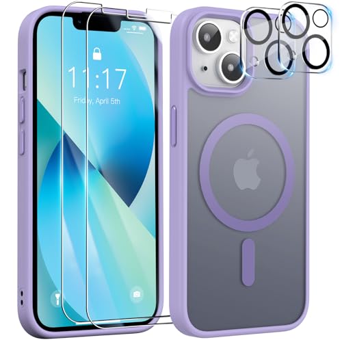 YisrLery 5-in-1 iPhone 13 Hülle für Mag Safe mit 2 Stück Panzerfolie und 2 Stück Kameraschutz Militärnorm Schutz, PC Kratzresistente Rückseite Stoßfest TPU Bumper Magnetische Hülle 6,1'' (Lila) von YisrLery