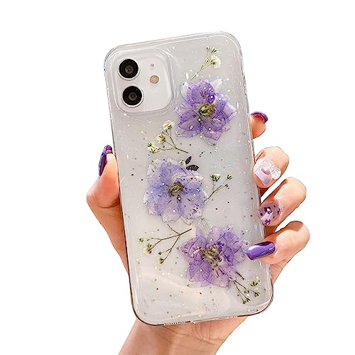 Ykerey Hülle für iPhone 12/12 Pro Durchsichtig Weiche Echte Getrocknete Blume Glitzer Handy Hülle TPU Silikon Flexibel Kratzfest Stoßfest Schutzhülle für iPhone 12/12 Pro von Ykerey