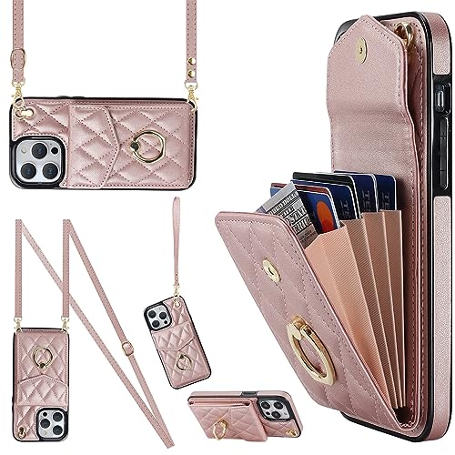 Ykerey Hülle für iPhone 13/14 hülle mit Band Kette Schutzhülle mit Kartenfach PU Leder Metall Ring Halter RFID Standfunktion Brieftasche Cover für iPhone 13/14, Roségold von Ykerey