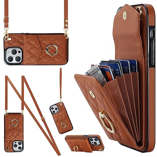 Ykerey Hülle für iPhone 13/14 hülle mit Band Kette Schutzhülle mit Kartenfach PU Leder Metall Ring Halter RFID Standfunktion Brieftasche Cover für iPhone 13/14,Braun von Ykerey