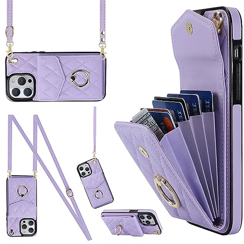 Ykerey Hülle für iPhone 14 Pro hülle mit Band Kette Schutzhülle mit Kartenfach PU Leder Metall Ring Halter RFID Standfunktion Brieftasche Cover für iPhone 14 Pro, Helles Violett von Ykerey