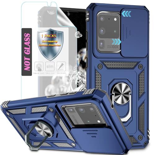 YmhxcY Handyhülle Für Samsung Galaxy S20 Ultra Hülle,[mit 1 Stück Schutzfolie],360°Drehen Metallständer，Stoßfester Schutz Hartschale，Schiebende Kameraabdeckung，Samsung Galaxy S20 Ultra case-Blau von YmhxcY