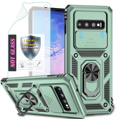 YmhxcY Handyhülle Für Samsung Galaxy S10 Hülle,[mit 1 Stück Schutzfolie],360°Drehen Metallständer，Stoßfester Schutz Hartschale，Schiebende Kameraabdeckung，Samsung Galaxy S10 case-Dunkelgrün von YmhxcY