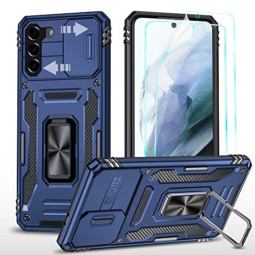 YmhxcY Hülle Für Samsung Galaxy S21 Hülle,*2 Displayschutzfolie,Slide Camera Cover, Militär Grade Schutzhülle, 360°Drehen Metallständer,Für Samsung Galaxy S21 Hülle-Blau von YmhxcY