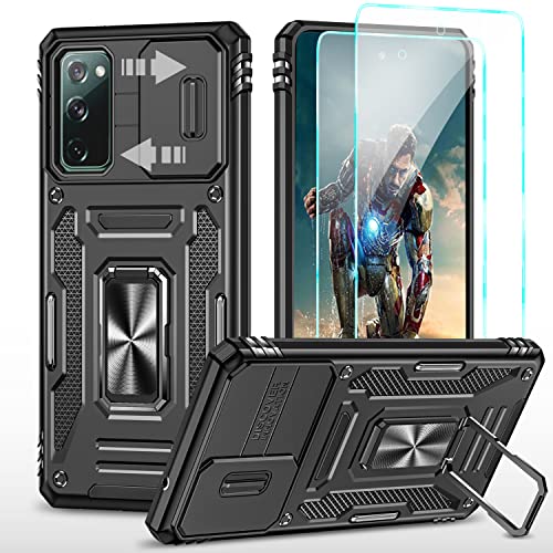 YmhxcY Hülle Für Samsung Galaxy S20 FE Hülle,*2 Displayschutzfolie,Slide Camera Cover, Militär Grade Schutzhülle, 360°Drehen Metallständer,Für Samsung Galaxy S20 FE 4G/5G Hülle-Schwarz von YmhxcY