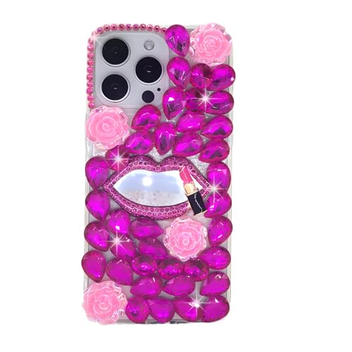 Ymyhyuxi Schutzhülle für iPhone 12 Mini, glitzernd, 3D, luxuriös, glitzernd, Kristall, Strass, Lippen, Spiegel, Magenta von Ymyhyuxi