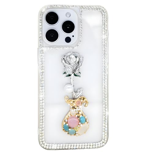 Ymyhyuxi Schutzhülle für iPhone 13, glitzernd, 3D, luxuriös, glitzernd, Kristall, Strass, Kette, Rosenblüten (Silber) von Ymyhyuxi