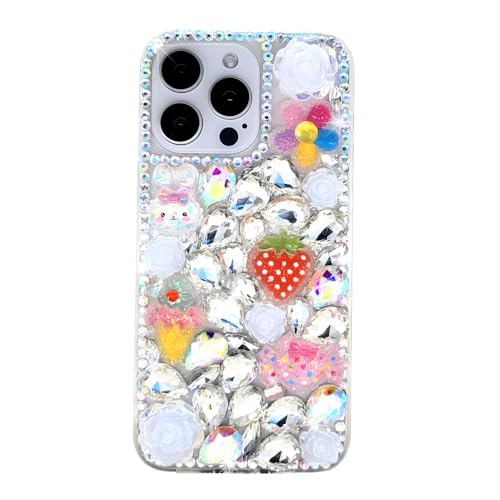 Ymyhyuxi Schutzhülle für iPhone 15, glitzernd, 3D, luxuriös, glitzernd, Kristall, Strass, Erdbeere, Weiß von Ymyhyuxi