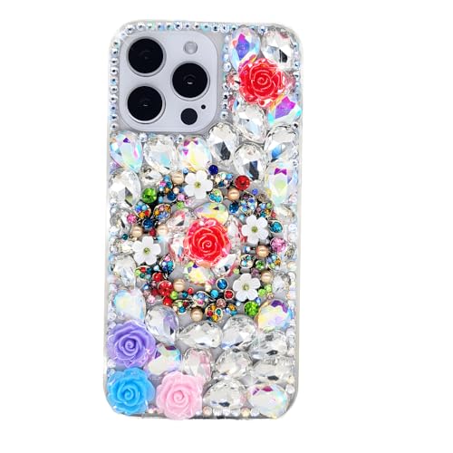 Ymyhyuxi Schutzhülle für iPhone 15 Pro, glitzernd, 3D, luxuriös, glitzernd, Kristall, Strass, Kamelie, Blume, mehrfarbig von Ymyhyuxi