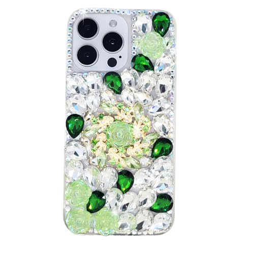 Ymyhyuxi Schutzhülle für iPhone 7, glitzernd, 3D, luxuriös, glitzernd, Kristall, Strass, Kamelie, Blume, Grün von Ymyhyuxi