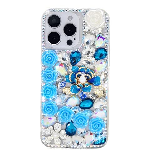 Ymyhyuxi Schutzhülle für iPhone SE (2022), glitzernd, 3D, luxuriös, glitzernd, Kristall, Strass, Pfingstrose, Blume, Blau von Ymyhyuxi