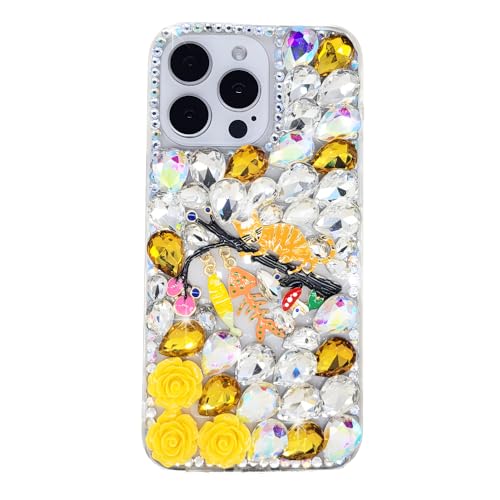 Ymyhyuxi Schutzhülle für iPhone X, glitzernd, 3D, luxuriös, glitzernd, Kristall, Strass, Katzen und Fische, Gelb von Ymyhyuxi