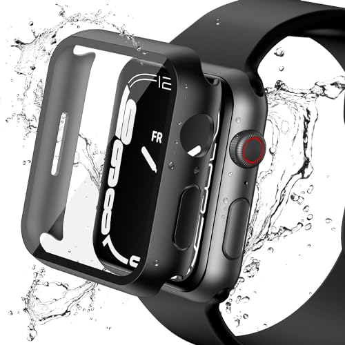 YoLin 2-Stück Mit Glas Wasserdicht Displayschutz Kompatibel mit Apple Watch Series 9 / Series 8 / Series 7 45mm, PC All-Around Ultradünne Schutzhülle für iWatch 45mm (2 Schwarz) von YoLin