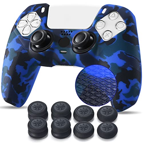 YoRHa Studded Drucken Silikon Hülle Abdeckungs Haut Kasten für PS5 Controller x 1 (Blau) Mit Pro aufsätze Thumb Grips x 10 von YoRHa