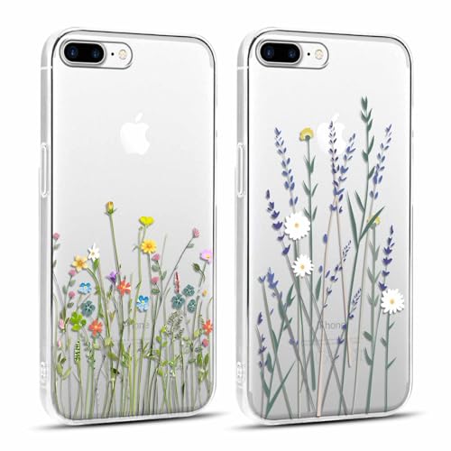 Yoedge 2 Stück Handyhülle für iPhone 8 Plus/iPhone 7 Plus Hülle 5,5", Transparent Blumen Muster Mädchen Aesthetic Flowers Handyhülle Dünn Weich Durchsichtig Schlanke Silikon Slim Stoßfest Schutzhülle von Yoedge