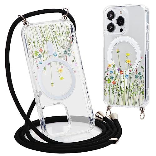 Yoedge Handyhülle Handykette für Samsung Galaxy S22 5G 6,1" Hülle mit Band,Transparent Magnetisch Case Kompatibel mit Magsafe,Silikon Stoßfest Kordel Umhängen Schutzhülle mit Aesthetic Muster 1-Blumen von Yoedge