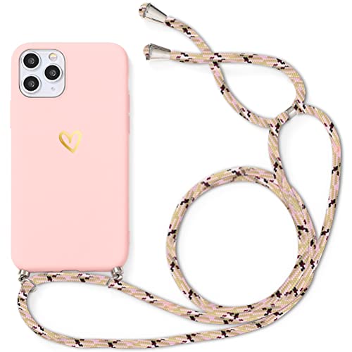 Yoedge Handykette Handyhülle für Apple iPhone 12/12 Pro Hülle mit Band 6,1", Gold Love Herz Muster Design Aesthetic Schutzhülle Kordel zum Umhängen Liebesherz Cover für iPhone 12 Pro Case, Rosa von Yoedge