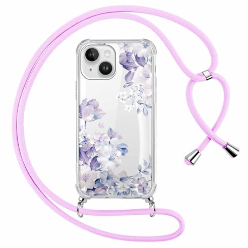 Yoedge Handykette Handyhülle für iPhone 14/iPhone 13 6,1" Hülle mit Band, Durchsichtig Aesthetic Muster Blumen Mädchen Case mit Kordel zum Umhängen, Weiche Silikon TPU + PC Stoßfest Schutzhülle, 10 von Yoedge