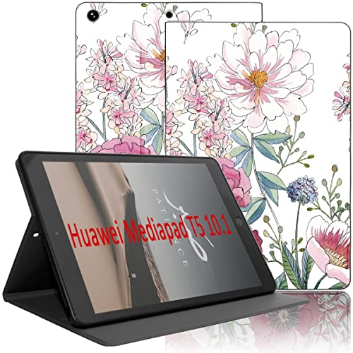 Yoedge Hülle Kompatibel mit Huawei MediaPad T5 10, Ultra Dünn Leicht SchutzHülle mit Standfunktion TPU Rücken Slim PU Leder Smart Folio Tablet Cover für Mediapad T5 10.1 Zoll 2018, Blume 2 von Yoedge