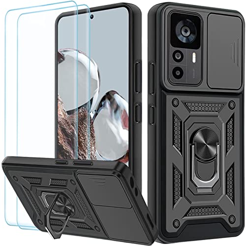 Yohii Handyhülle für Xiaomi 12T / Xiaomi 12T Pro Hülle mit 2 Stück Schutzfolie, Kameraschutz Case mit 360 Grad Ring Ständer Stoßfest Kratzfest Tough Armor Schutzhülle, Schwarz von Yohii