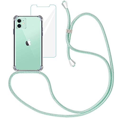 Yohii Handykette Handyhülle für iPhone 11 + Displayschutzfolie, Hülle mit Kordel zum Umhängen Necklace Hülle mit Band Transparent Silikon TPU Schutzhülle, Case Kompatibel mit iPhone 11 - Grün von Yohii